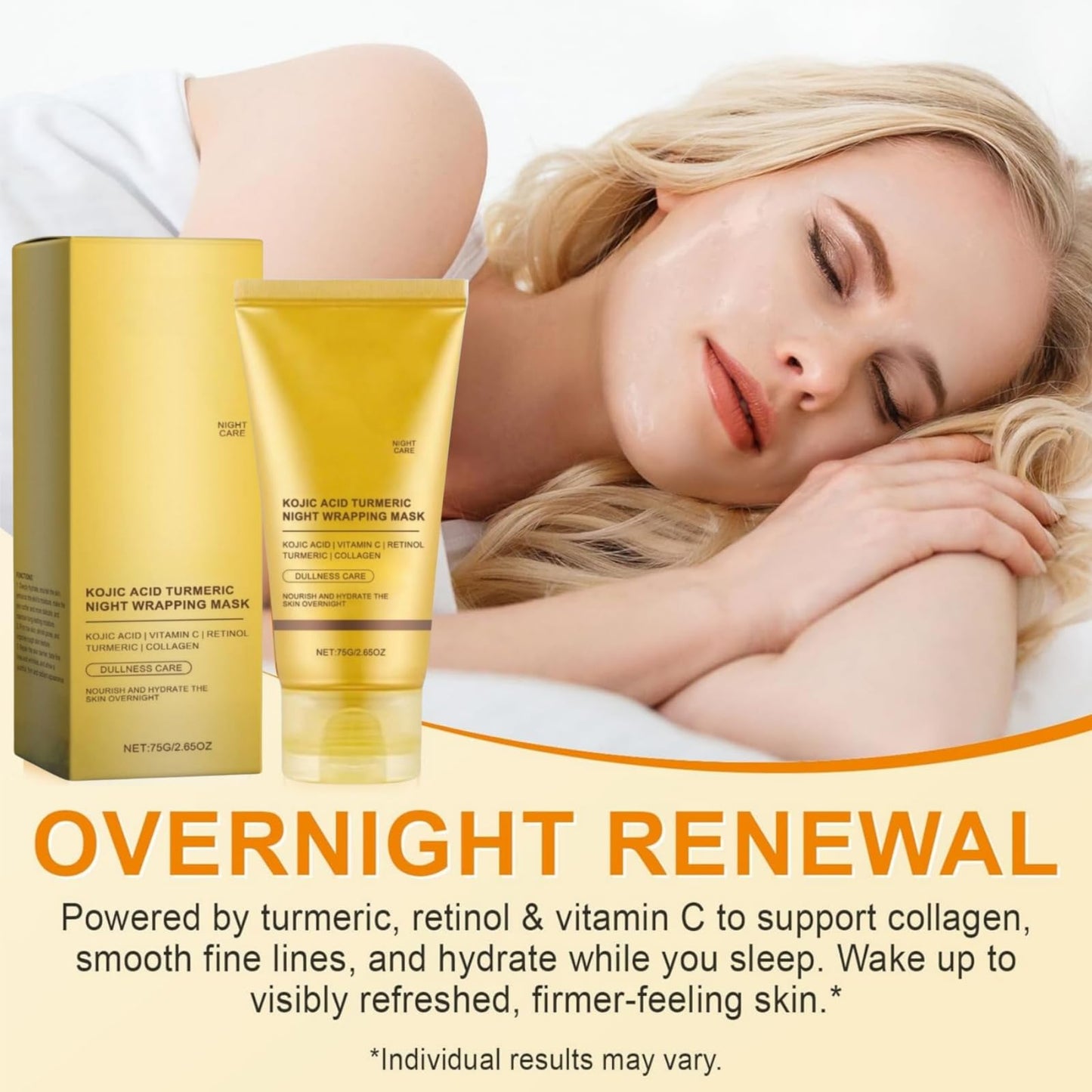 Koj-Ic Acid Turmeric Collagen Night Wrapping Mask,Turmeric And Koj-Ic Acid Face Mask,Turm-Eric Face Ma-Sk,Overnight Brightening Fa-Ce Ma-Sk,Nourishes Dull Uneven Skin&Improved Elasticity,Deep Hydrat