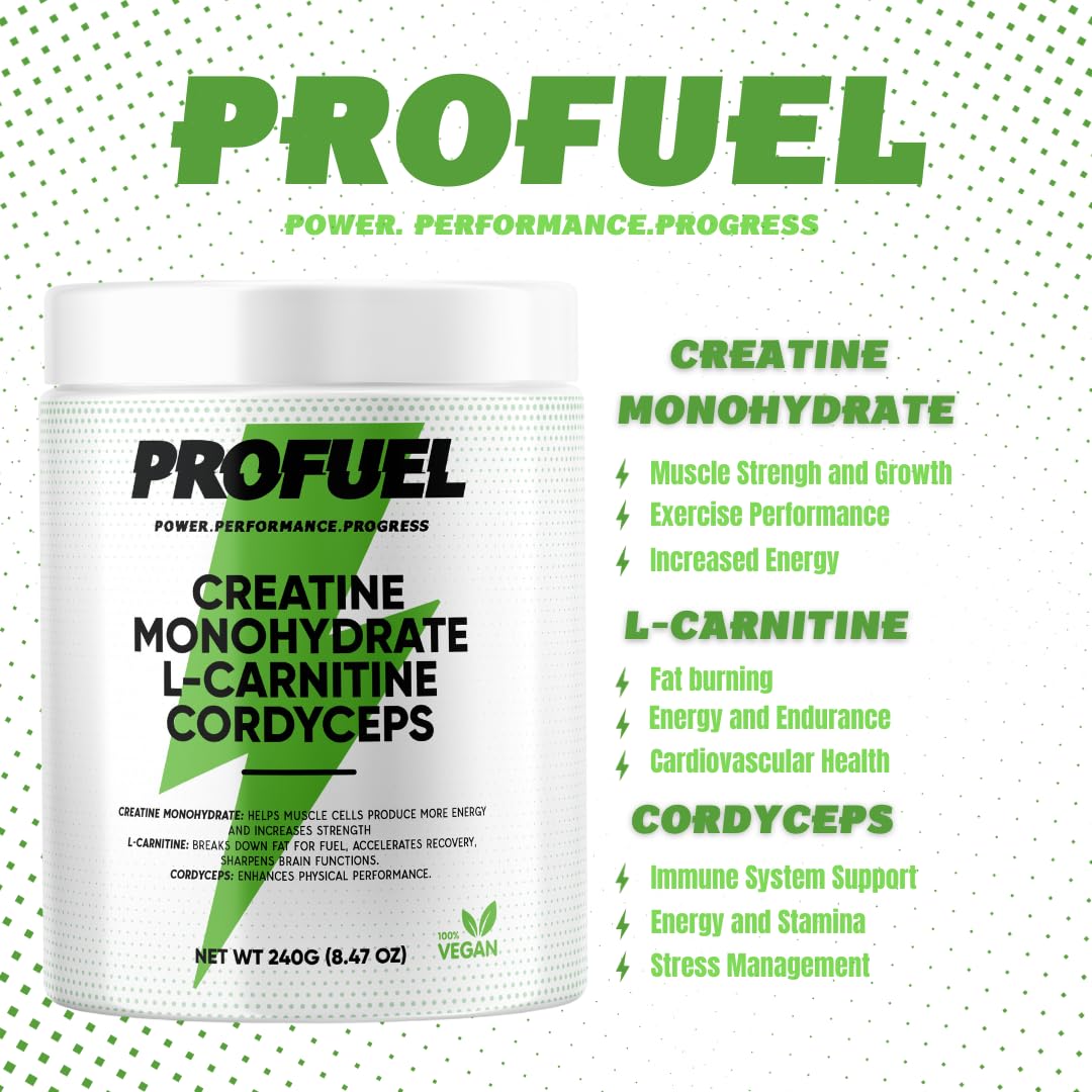 PROFUEL Creatine, L-Carnitine & Cordyceps Powder - 240g - Increase Strength & Performance - Gym Supplement for Men & Women
