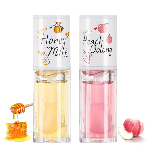 Leogony 2PCS Hydrating Jelly Cute Lip Glow Oil, Plumping Honey & Peach Lip Gloss, Moisturizing Fat Oils Lip Drip Set