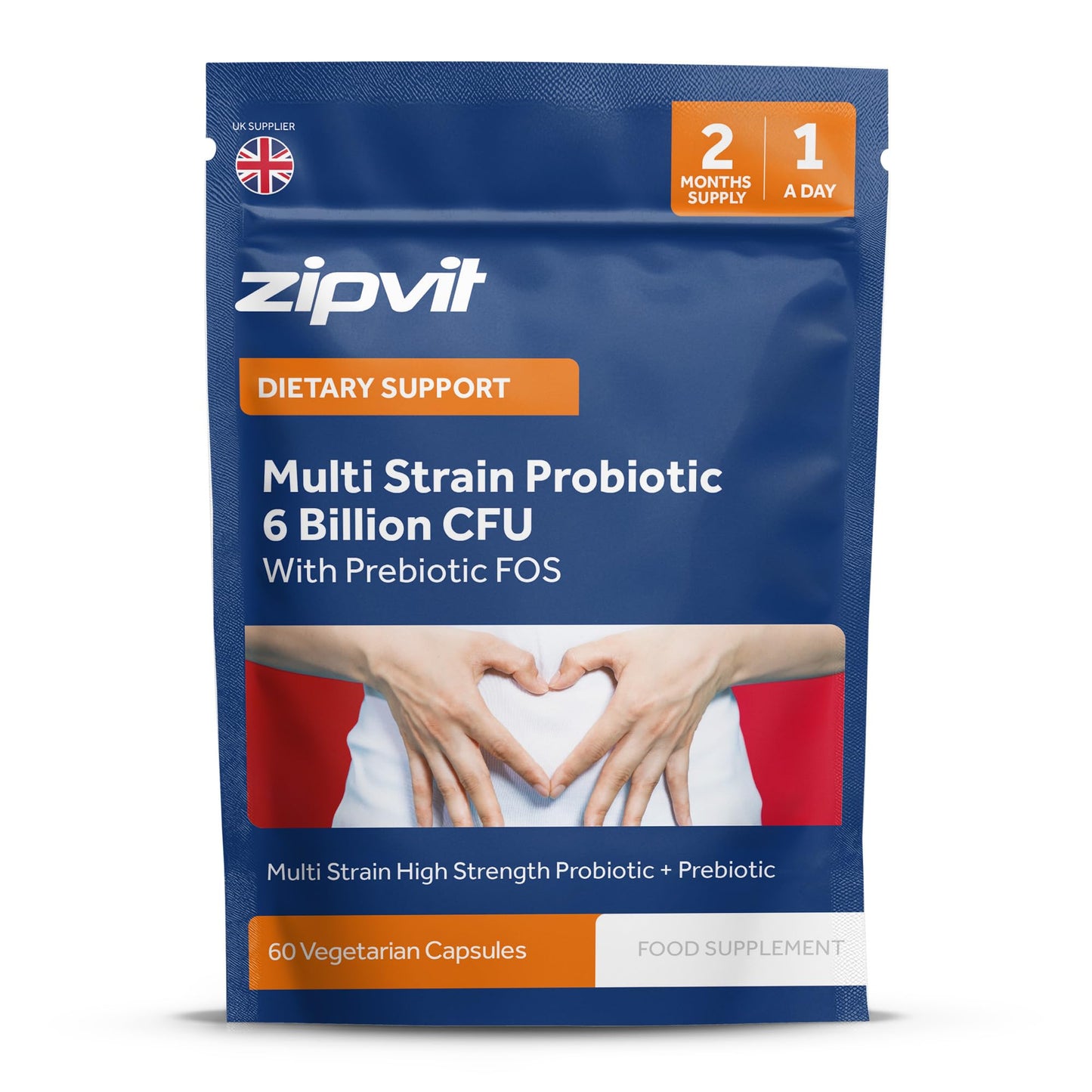 Zipvit Probiotic 6 Billion CFU with Prebiotic Pouch, Multi Strain Probiotics for Gut Health, 5 Strains Including Lactobacillus Acidophilus, 60 Vegetarian Capsules for Women & Men, 2 Month Supply