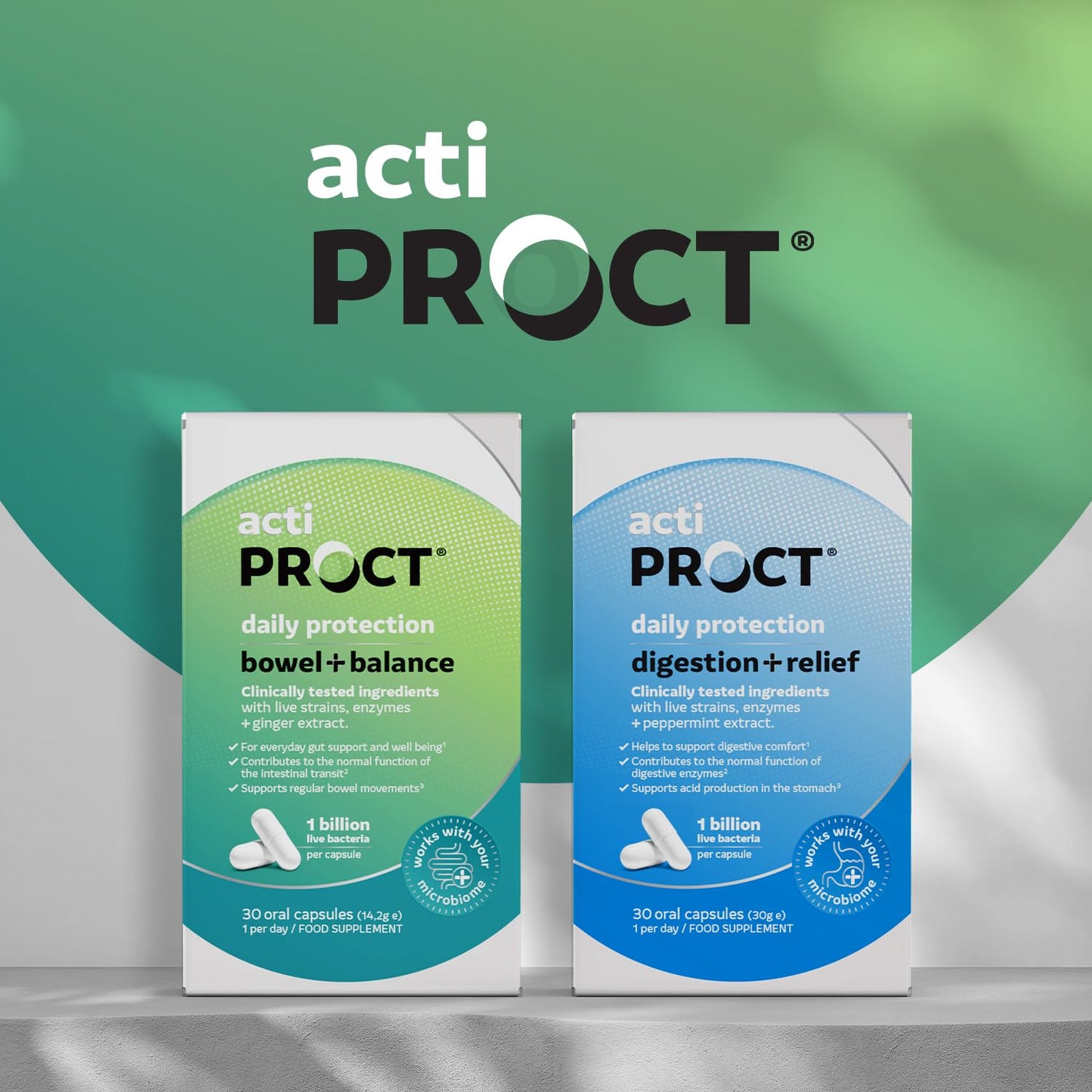 ACTIPROCT Probiotics for Bowel Balance & Gut Health – Food Supplement with 1 Billion CFU with Live Strains, Enzyme and Ginger Extract – Supports Regular Bowel Movements – 30 Vegan Capsules – ActiProct