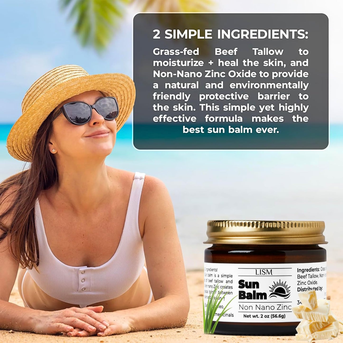 Non Nano Zinc Oxide Sun Balm | Tallow Sunscreen | Non-Toxic Natural Mineral Sunscreen | Grass Fed Beef Tallow Moisturiser & Zinc Sunblock | Non-Greasy Reef Safe Formula for Face & Body | Women & Men