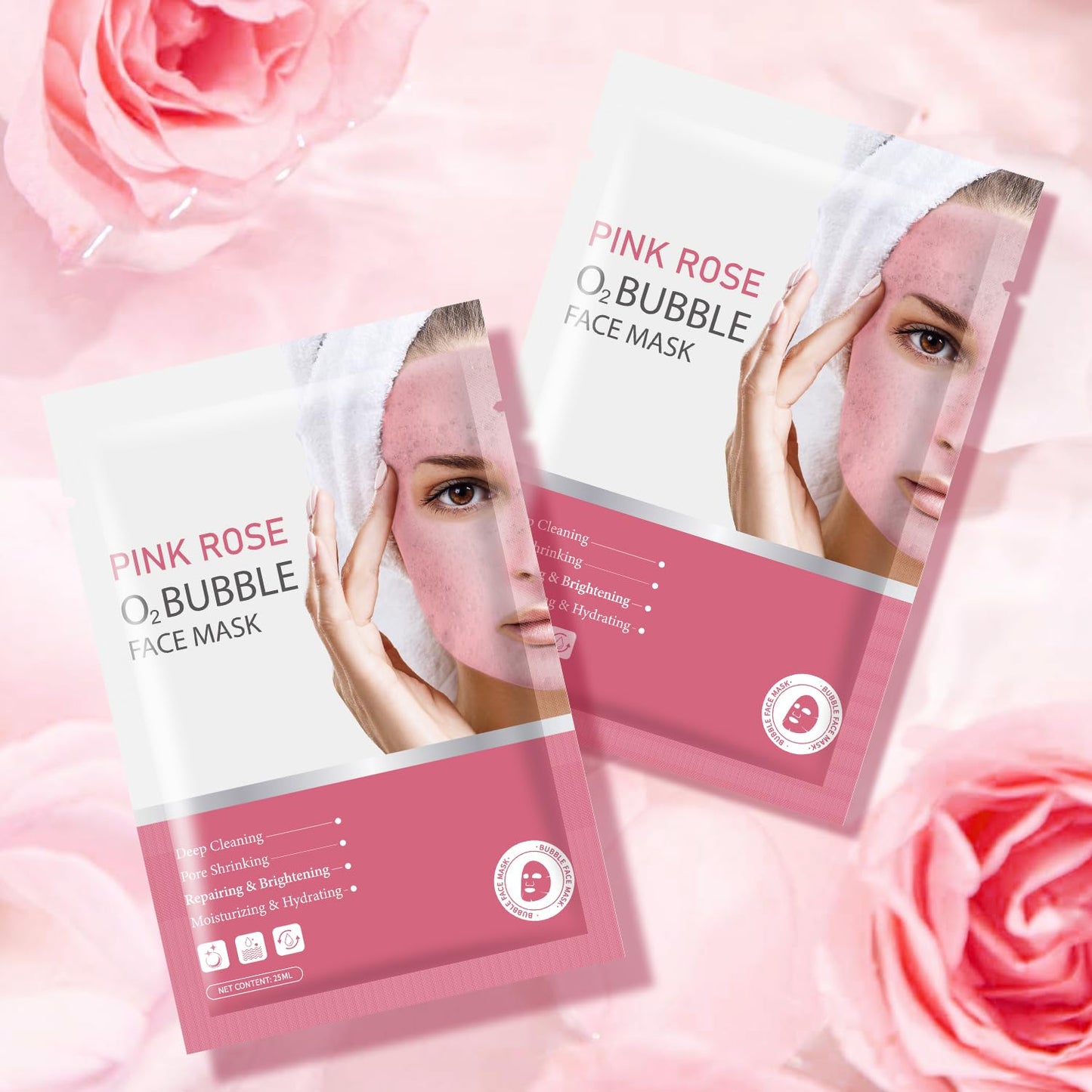 IREV 10 Pack Pink Rose O2 Bubble Face Masks Sheet Foaming Face Mask Purifying Facial Mask for Acne and Pores for Deep Cleansing and Rejuvenating Facial Treatment Mask Beauty Skincare