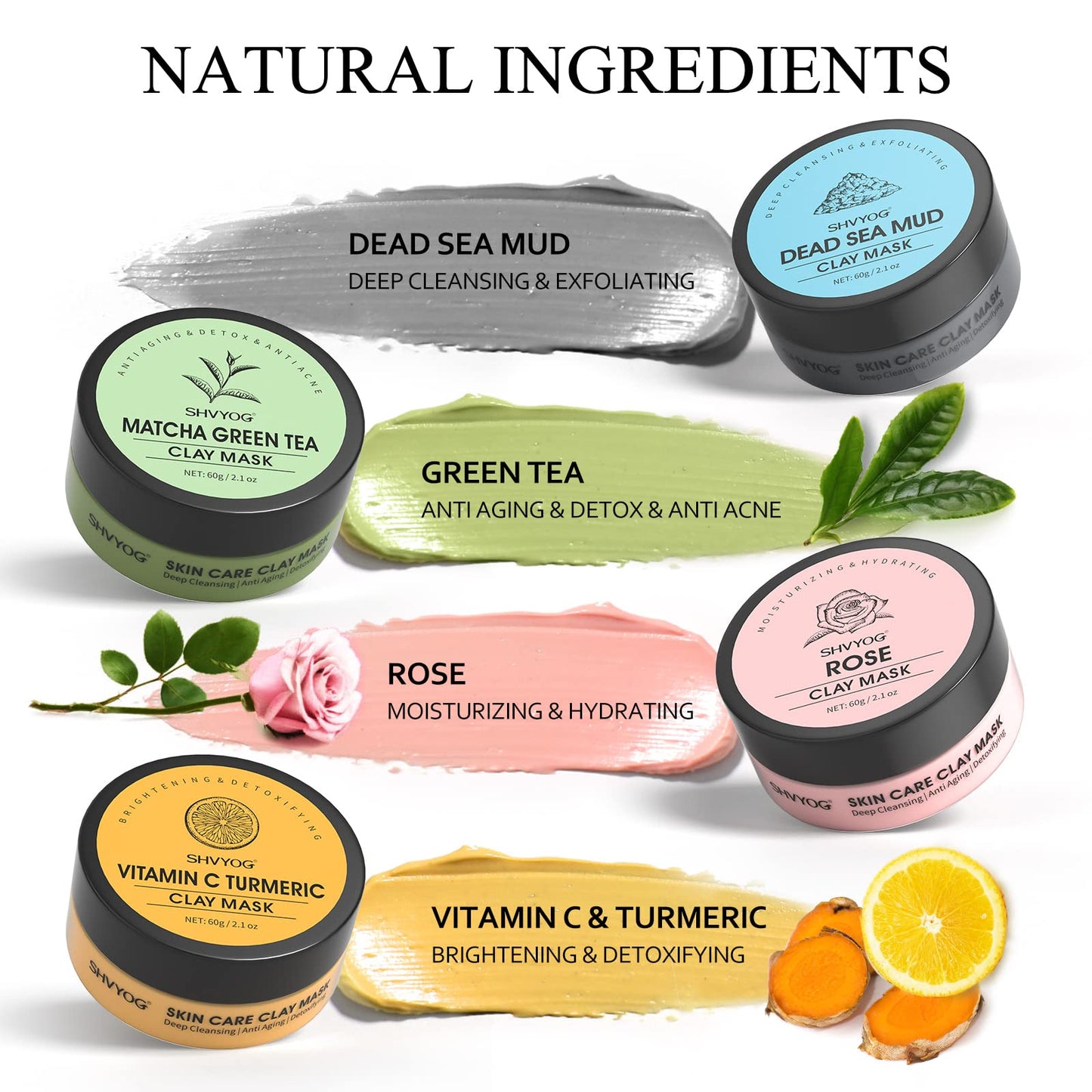 Clay Face Mask Kit, Vitamin C Clay Mask with Turmeric, Dead Sea Mud Mask, Green Tea Mask, Rose Clay Mask, Skin Care Facial Mask for Deep Cleansing, Controlling Oil and Refining Pores (240g in Total)