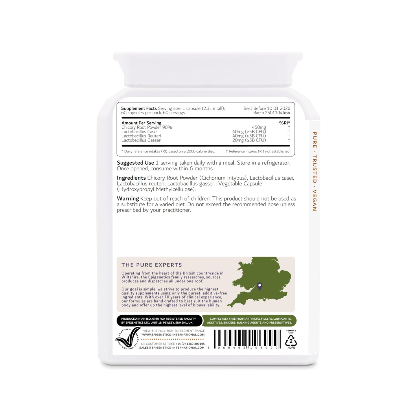 Epigenetics Epi-Flora IR | L. Casei, L. Gasseri & L. Reuteri + Chicory Root Prebiotic (Inulin) | 60 Vegan Vegetable Capsules UK Made | 2 Month Supply