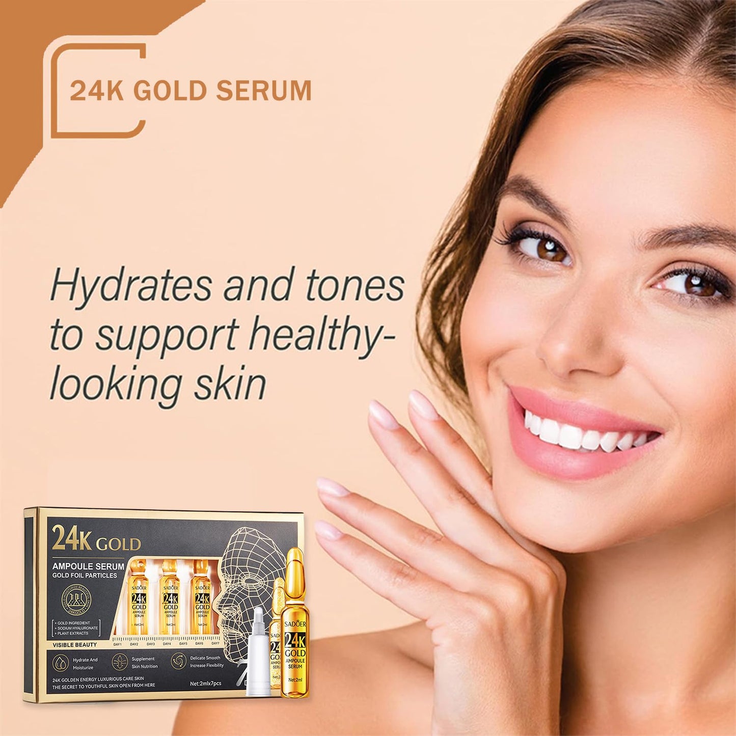 24K Serum, Niacinamide Serum Concentrated Ampoules for Face Serum, Collagen Booster for a Natural Face Lift, Anti-Aging Serum, Strengthen the Skin Barrier, Deep Hydrating, 7x2ml Ampoule Serum
