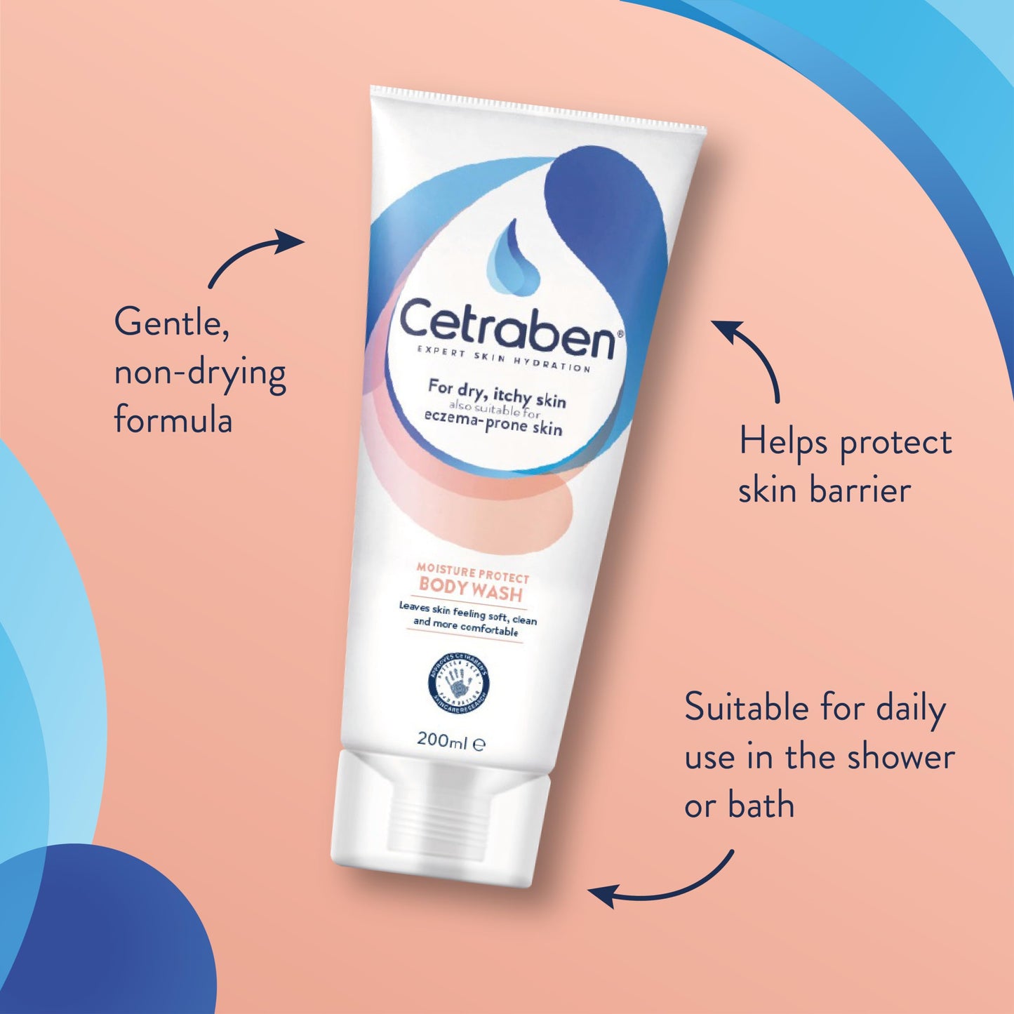 Cetraben Moisture Protect Body Wash, For Dry, Itchy and Eczema Prone Skin, Suitable For Daily Use, Hydrates Skin, Gentle Skin Care Body Wash, Non-Drying, 1 x 200ml