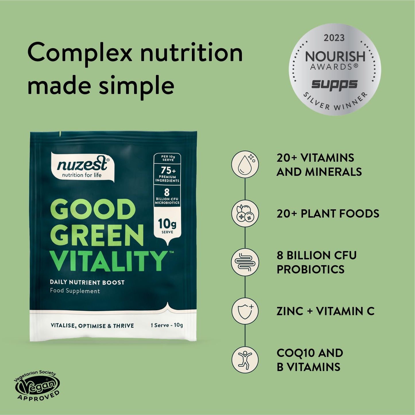 Greens Powder by Nuzest – Good Green Vitality – Filled with Vitamins, Minerals & Superfoods – Vegan Multivitamin Greens Drink - Gluten Free - Dairy Free - 10g - 1 Serving