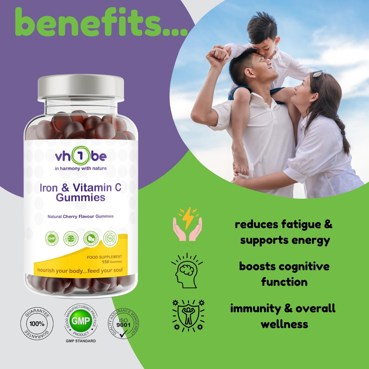 Iron Gummies with Vitamin C | for Teens & Aduts |High Strength Iron Supplement for Energy & Immunity | 150 Vegan Cherry Flavour Gummies | Gentle on Stomach | by vh1be