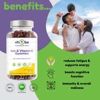 Iron Gummies with Vitamin C | for Teens & Aduts |High Strength Iron Supplement for Energy & Immunity | 150 Vegan Cherry Flavour Gummies | Gentle on Stomach | by vh1be