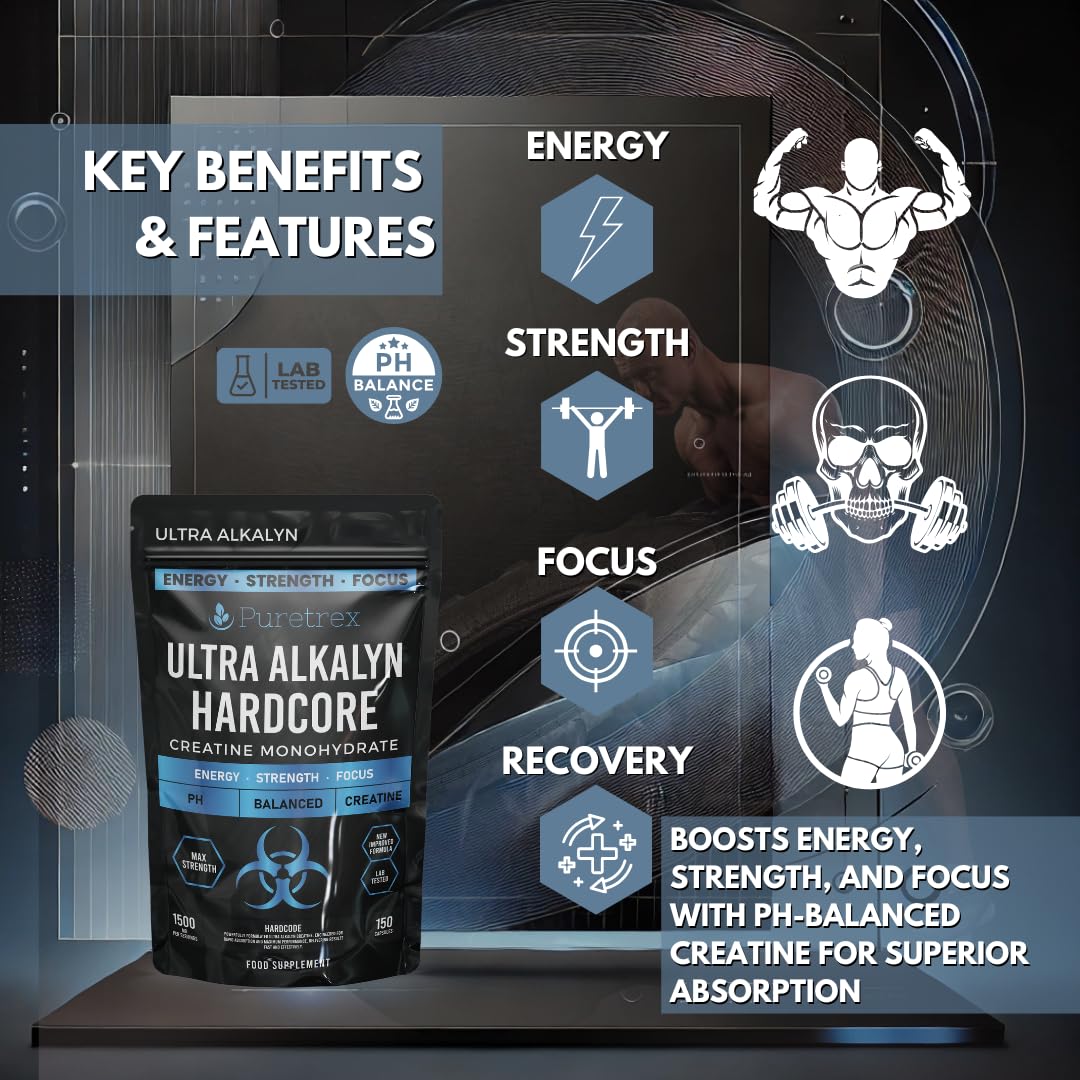 Puretrex Ultra Alkalyn Hardcore Creatine Monohydrate, 150 Capsules, Max Strength, Balanced pH, Energy, Strength, Focus KRE