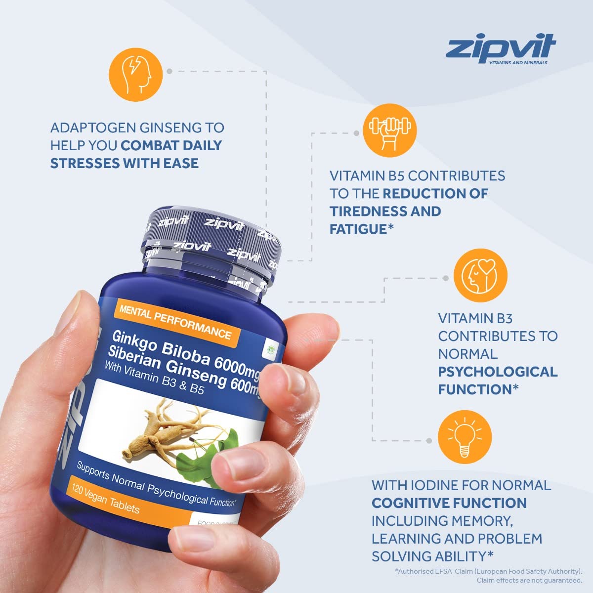 Zipvit Ginkgo Biloba and Siberian Ginseng, Standardised Ginkgo 6000mg and Ginseng 600mg with Vitamins B3 and B5. 120 Vegan Tablets for Focus,Mental Performance,Boost Energy. 4 Months Supply
