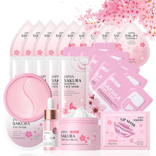 Shengqialun Skin Care Sets & Kits, 24PC Cherry Blossom Skincare Set Skin Care for Teenage Girls, Pamper Sets for Women with Face Cream,Face Serum,Lip Mask,Sleep Mask,Eye Mask,Mud Mask,Cleanser