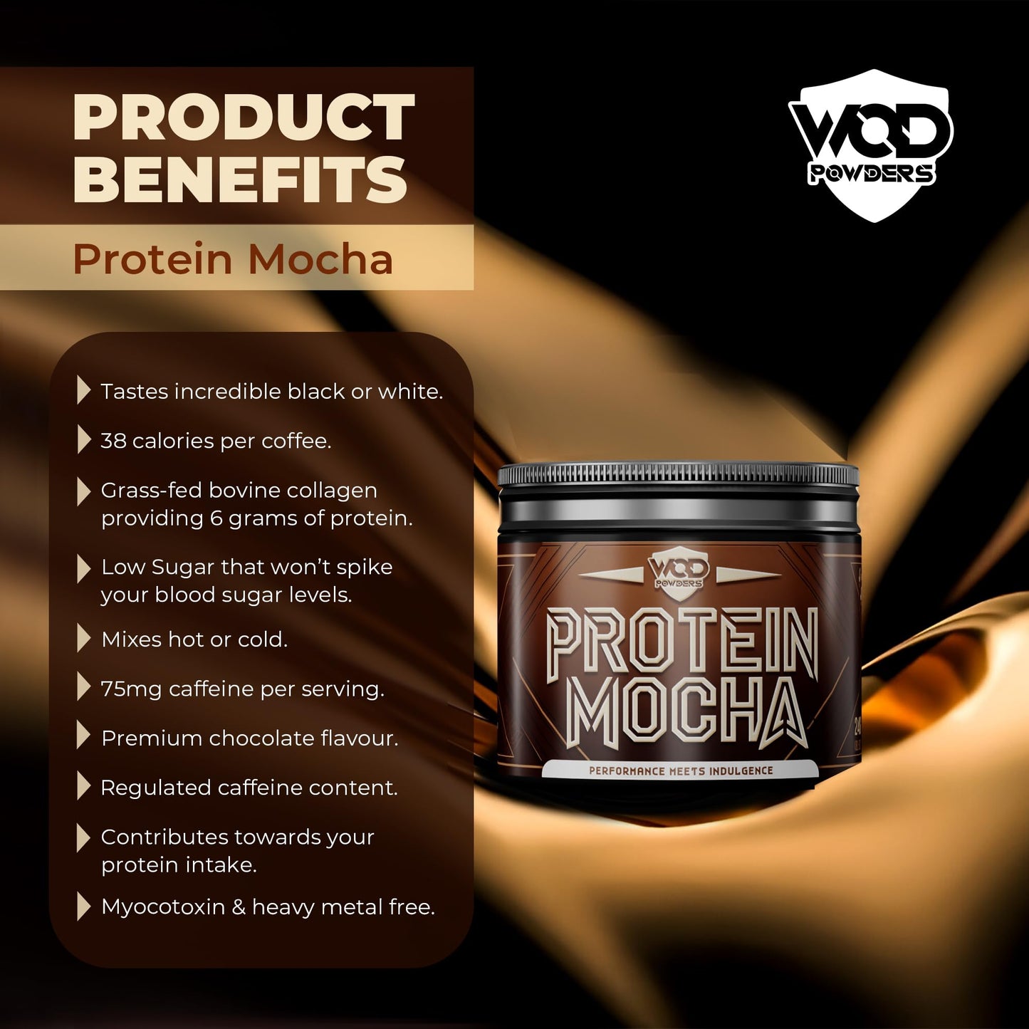 Protein Mocha | High Protein, Barista Grade Mocha, Grass-fed Bovine Collagen | 240g Tub with Scoop | Branded TrueStart with Hydrolysed Collagen | 6 Grams of Protein per Cup - Made by WOD Powders