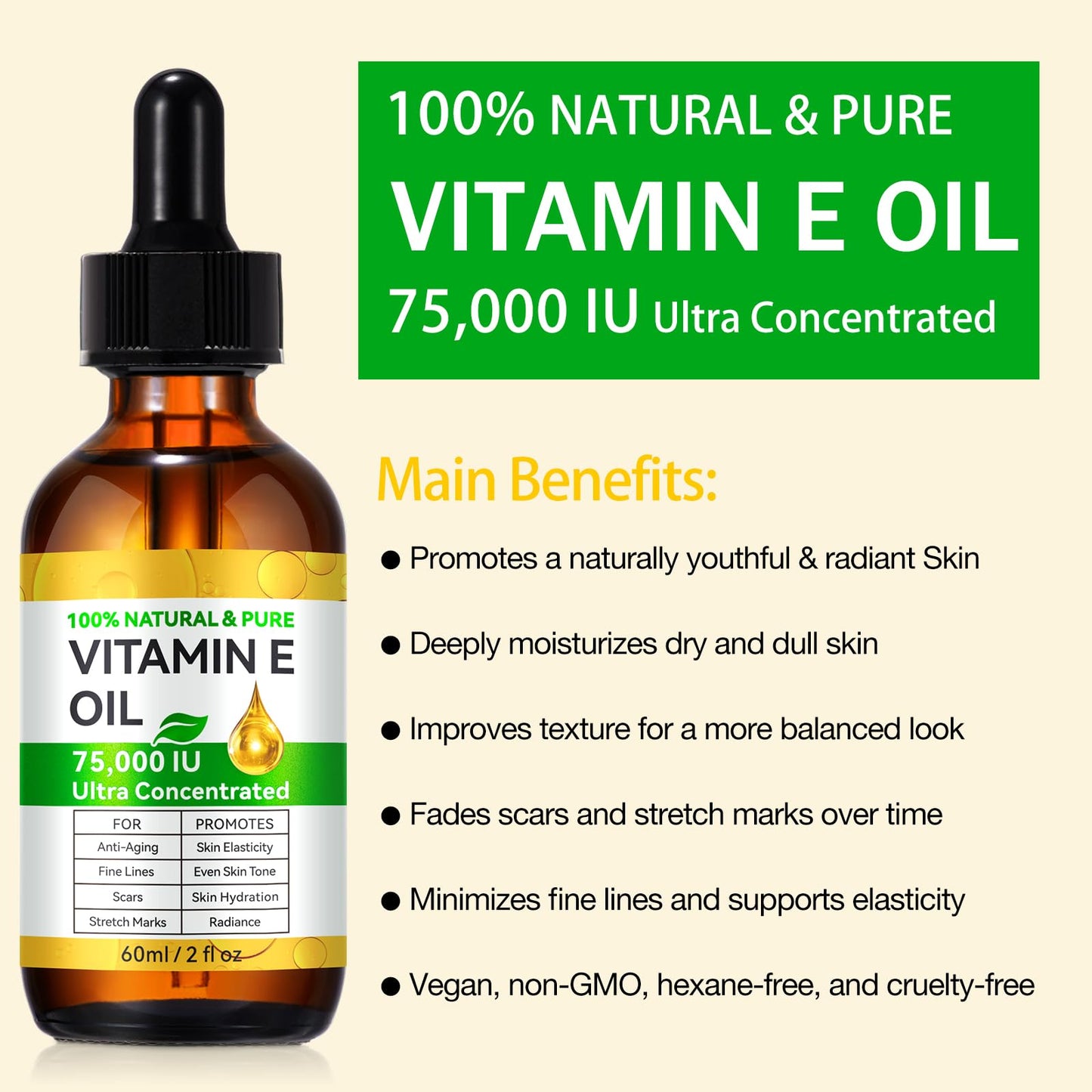 100% Pure Vitamin E Oil for Skin, Hair & Face, Body Bath Oils Moisturizing Dry Skin, Easy to Absorb, Non-GMO & Vegan, 2Fl Oz
