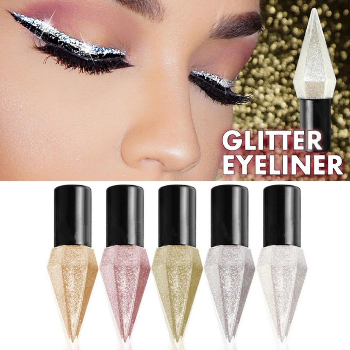 Generic 5PCS Glitter Liquid Eyeshadow & Eyeliner Set – Shimmer Metallic Makeup with Gold, Silver, Diamond Shine – Long-Lasting, Quick-Dry, Waterproof Eye Makeup