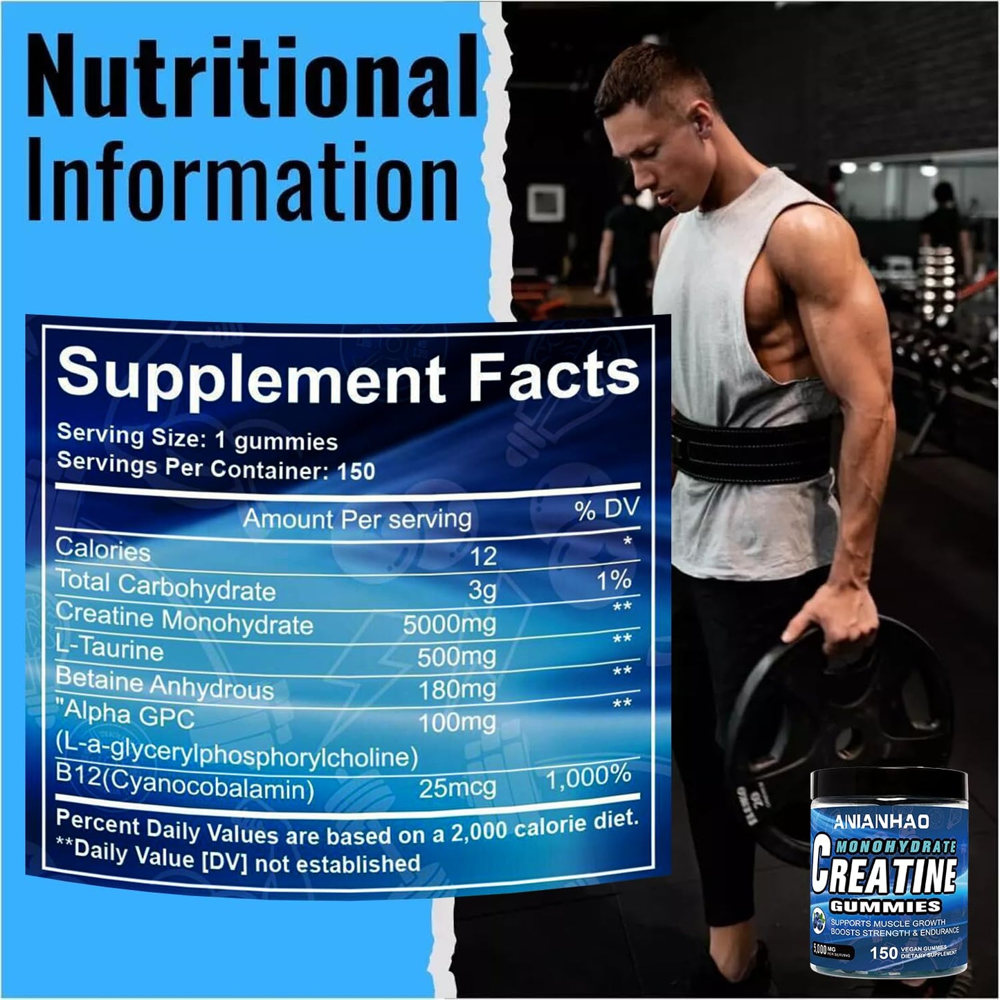 ANIANHAO Creatine Gummies 5000mg 150 Gummies Creatine Monohydrate Gummies - Berry Flavoured Creatine - Pre Workout Gym Supplement for Men & Women - Vegan Chews Chewable Max recommneded Strength (2Bottle)