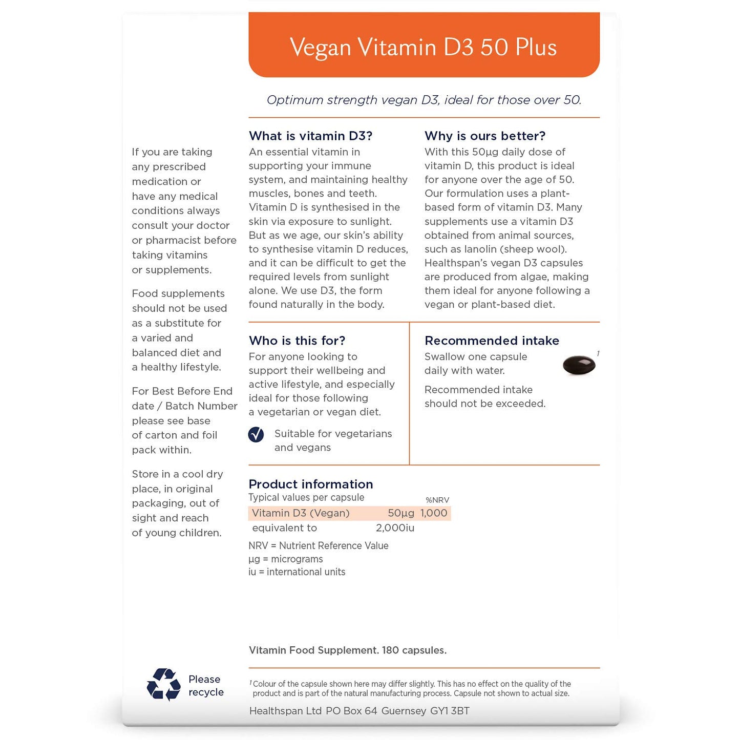 healthspan Healthspan Vegan Vitamin D3 50 Plus | 180 Capsules | 50 Micrograms of Vitamin D | Healthy Muscle, Bones & Teeth | Immune Support