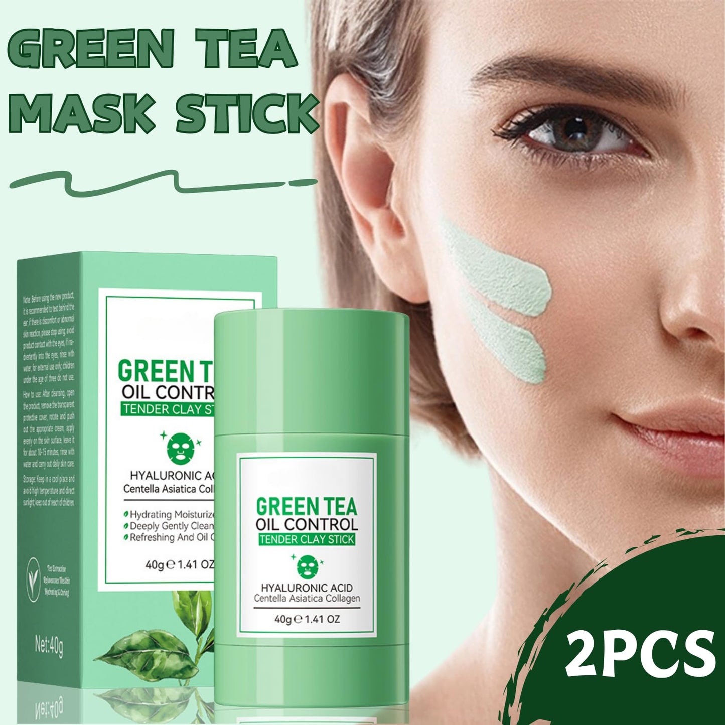 ISBEAUSOLS 2 PCS Green Tea Mask Stick, Green Tea Deep Cleanse Mask with Centella, Hydrating Clay Mask Stick for Pores, Even Skin Tone & Oil Control, Face Masks Skincare with Green Tea Extract, 40g × 2
