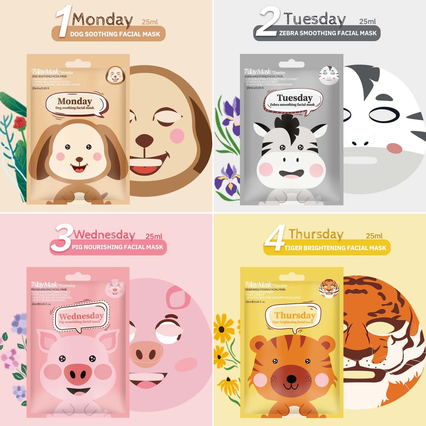DMQ Sheet Face Masks Set, 7Pcs Face Masks Skincare, Fun Animal Printed Sheet Facial Masks, Face Mask Gift Sets for Teenage Girls Hydrating, Brightening, Soothing, Face Masks Beauty for All Skin Types