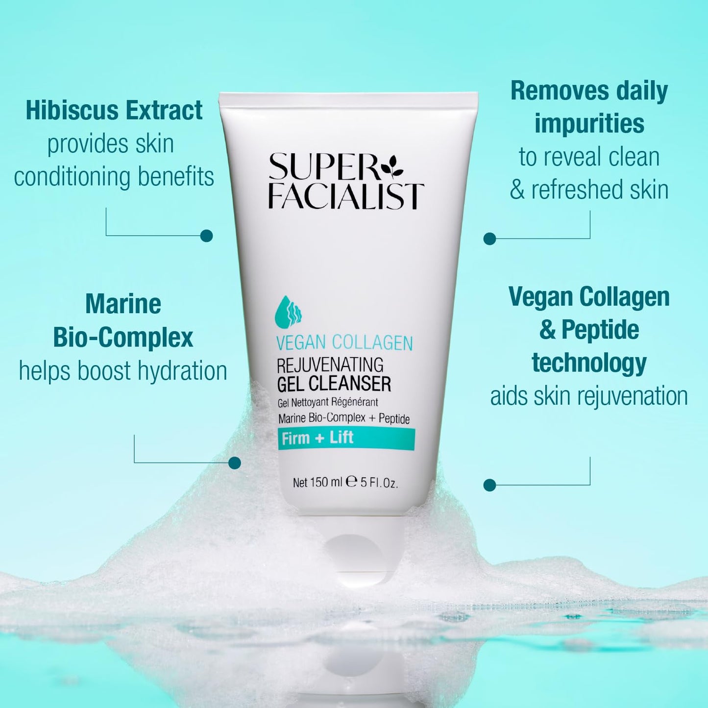Super Facialist Vegan Collagen Rejuvenating Gel Cleanser - Firming, Smoothing & Plumping, Gentle Face Cleanser & Face Care with Marine Bio-Complex, Seaweed and Hyaluronic Acid, 150ml