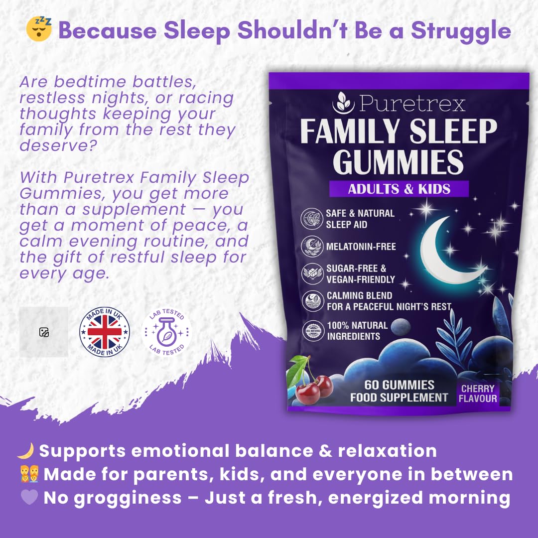 Puretrex PURETREX Family Sleep Gummies – Natural Sleep Aid for Adults & Kids – Sugar-Free, Vegan, Melatonin-Free – Calming Cherry Flavour Gummies with Herbal Blend for Relaxation & Restful Sleep – 60 Gummies