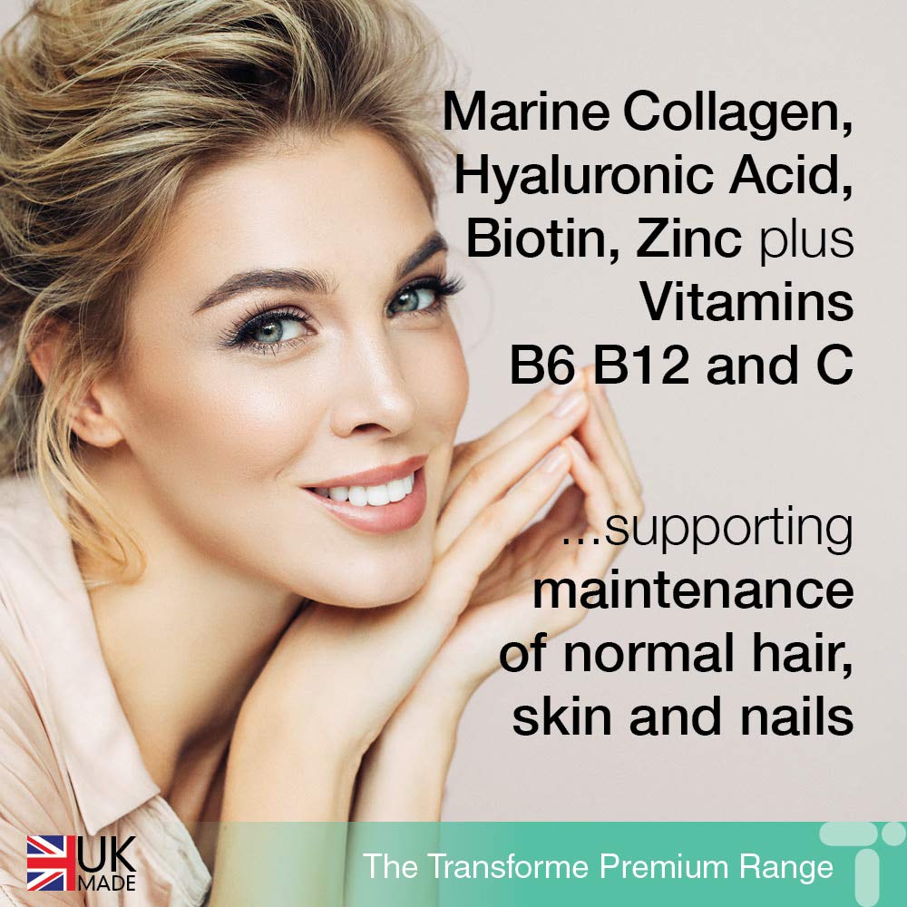 Transforme Marine Collagen 500mg, Hyaluronic Acid Capsules, 60 Days Supply, Biotin, Copper, Vitamin C B6 B12, Zinc, Radiant Skin Care Hydrolysed Peptides