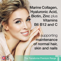 Transforme Marine Collagen 500mg, Hyaluronic Acid Capsules, 60 Days Supply, Biotin, Copper, Vitamin C B6 B12, Zinc, Radiant Skin Care Hydrolysed Peptides