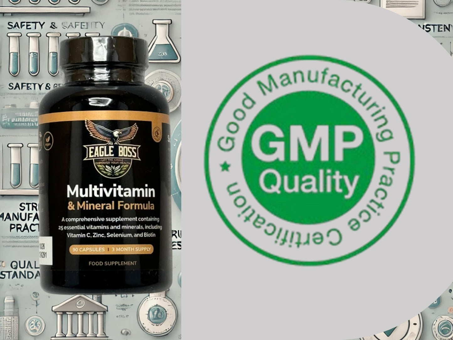 Eagle boss Eagle Boss Multivitamin and Mineral Formula, UK-Made, 90 Capsules, 3 Month Supply, 25 Vitamims and Minerals with B Complex, Zinc, Iron, Selenium, Lodine, biotine- for Men & Women