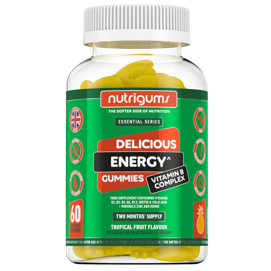 Nutrigums Energy Vitamin B Complex Vegan Tropical Fruit Flavour 60 Gummies | Two Month Supply | Vitamins B2, B3, B6, B12, B5 with Folic Acid, Zinc, Iodine & Biotin by NUTRIGUMS®