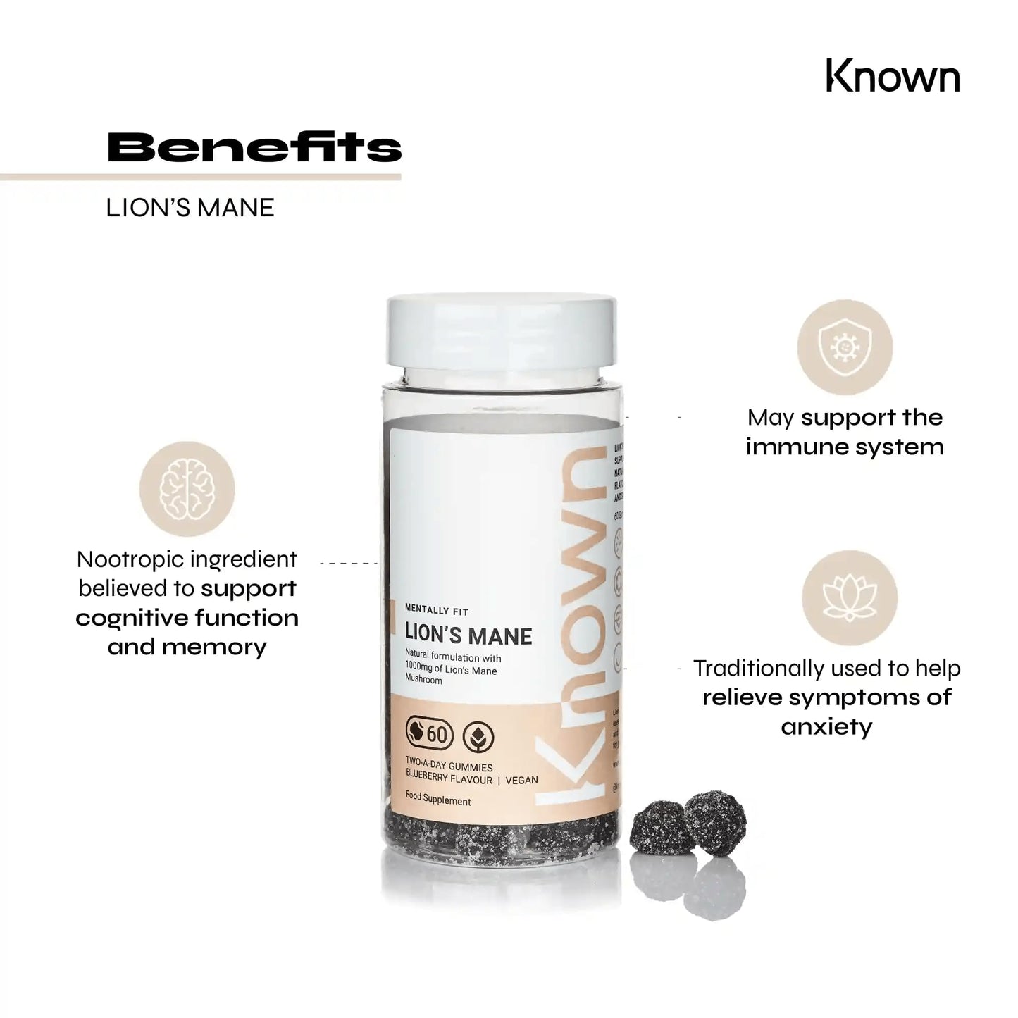 Lion’s Mane 1,000mg Mushroom Gummies by Known | Nootropic Support for Cognition, Mood, Immunity & Inflammation | Delicious Blueberry Flavour | 60 Two-a-Day Vegan Gummies (One Month’s Supply)