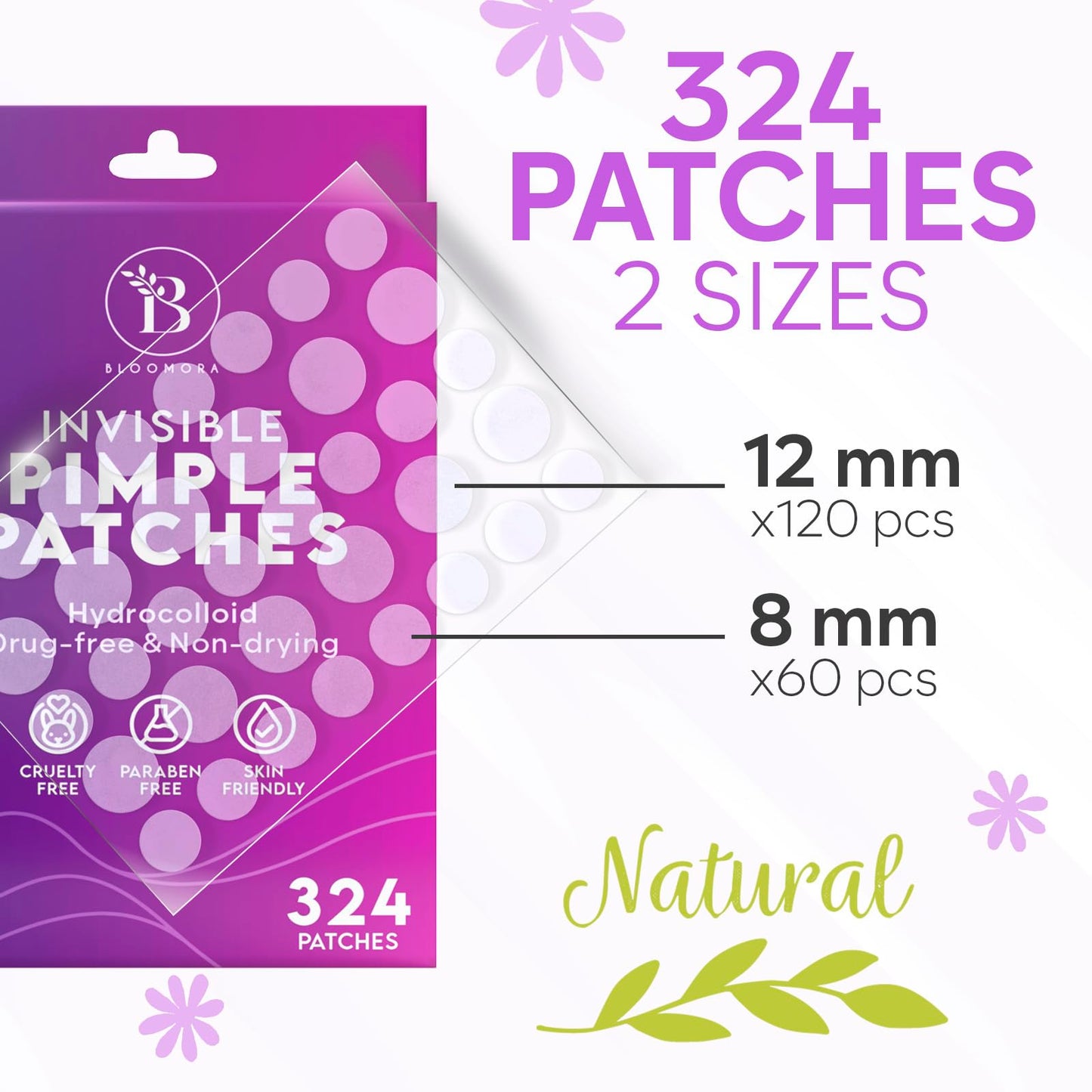 BLOOMORA Invisible Pimple Patches (324 Count), Pimple Patch for Face Care & Body, Spot Patches for Acne Treatment, Hydrocolloid Patches for Blemishes, Acne Patch Spot Remover (S/L)