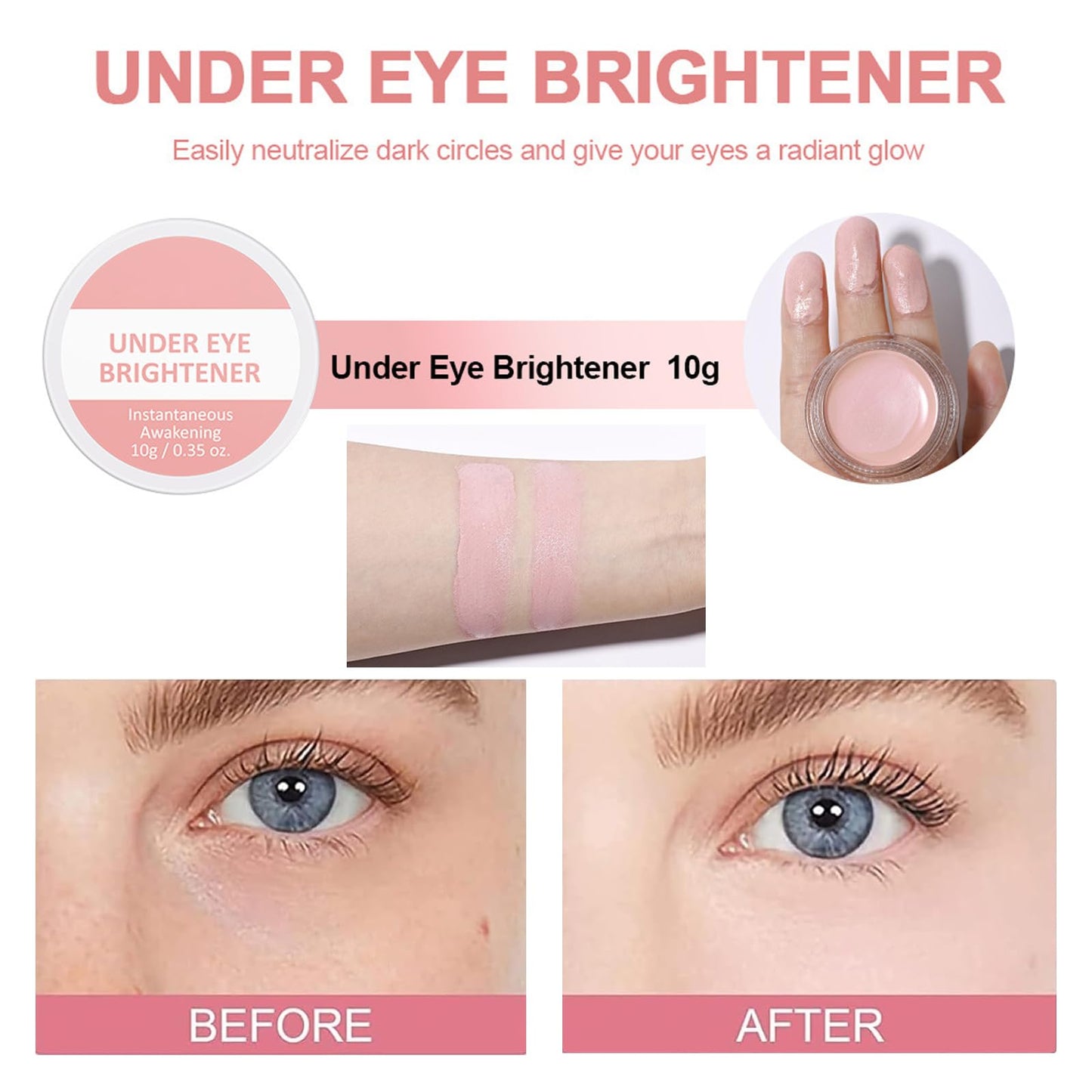 QUIWEN Under Eye Brightener,Under Eye Concealer Full Coverage Eye Highlighter Foundation for Dark Circles,Spot,Long Lasting Under Eye Brightener Concealer,Colour Correcting Primer,Pink Cream Foundation