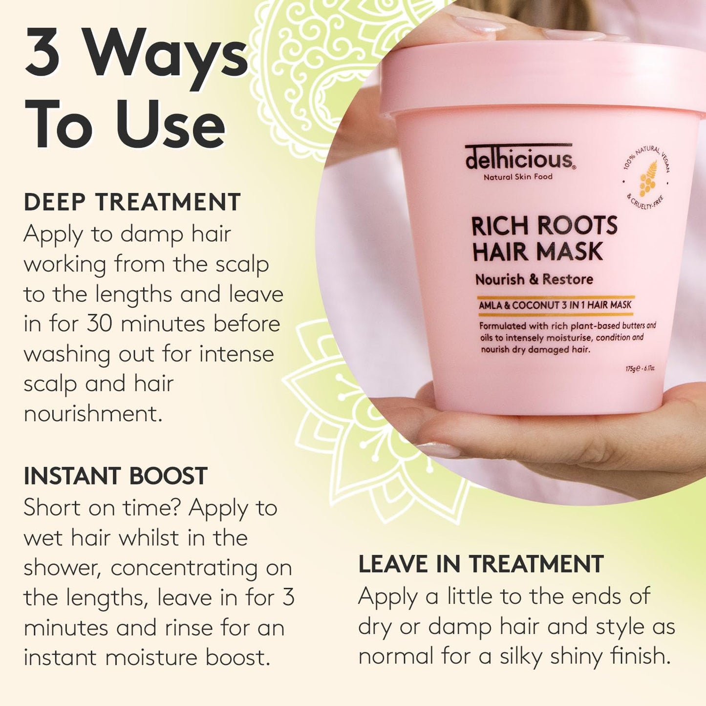 Delhicious Rich Roots Amla Oil & Rosemary Oil Hair Mask for Dry, Damaged Hair - 3-in-1 Moisture Boosting, Hair Strengthening Treatment for Dry Scalp - Adds Shine - Natural, Vegan, Ayurveda - 250ml