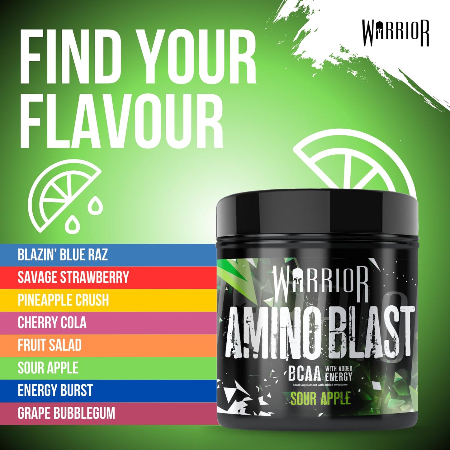 Warrior Amino Blast BCAA Powder 270g – Fruit Salad Flavour, BCAA Supplement for Muscle Recovery, Energy, Endurance, Hydration, Pre & Post Workout Nutrition - Sour Apple