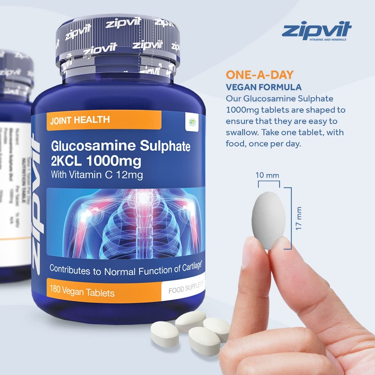 Glucosamine 2kcl 1000mg with Vitamin C, 180 Vegan Glucosamine Sulphate Tablets. Maintains Normal Joint Cartilage. 6 Months Supply, UK Manufactured Glucosamine Sulphate 1000mg.