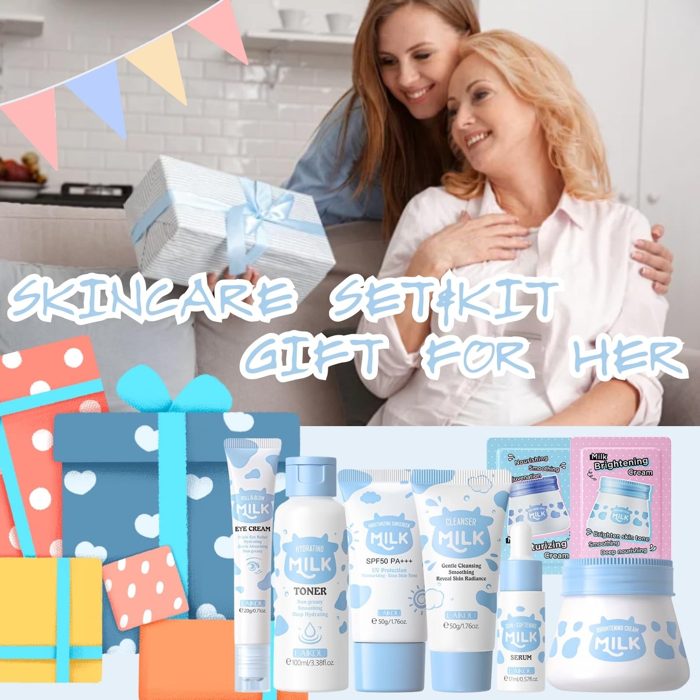 Milk Skin Care Sets & Kits - Skin Care Gift Set for Women - Gifts For Teenage Girls - Skincare Set Cleanser, Serum, Face Cream,Eye Cream,- Facial Kit for Moisturising (8pcs)