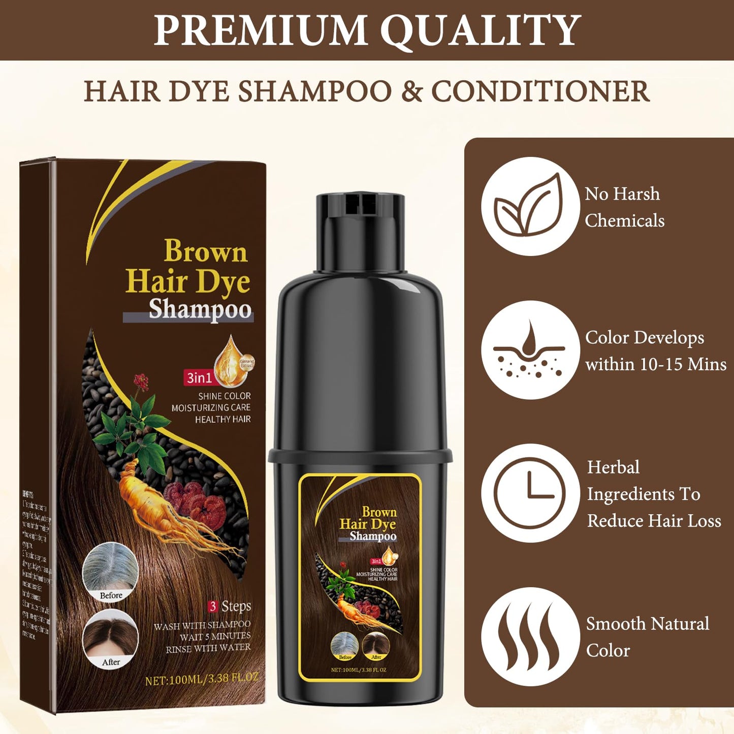 Bisienya 100ml Nova Hair Dye Shampoo For Men & Women Hair Dye Shampoo Nova Hair Shampoo Hair Dyeing Shampoo, Mildly Moisturizing The Scalp, Easy To Change Hair Color (Brown), Comes With 3 Hair Dyeing Combs