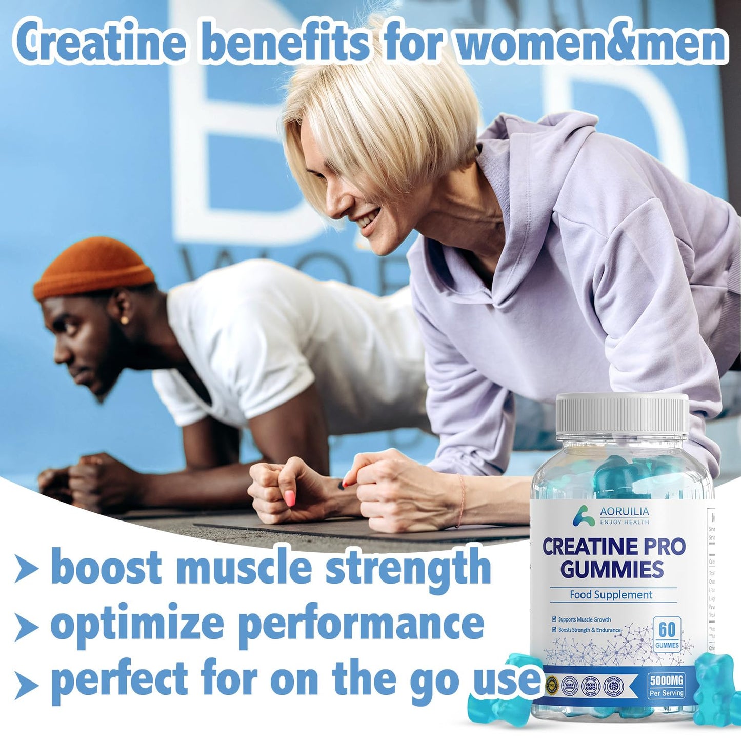 Aoruilia Creatine Gummies for Men & Women 5000mg 60 Chewable Creatine Monohydrate Gummies for Muscle Strength & Growth Sugar Free Pre-Workout Supplementm Vegans Gym (Blueberry Flavour)