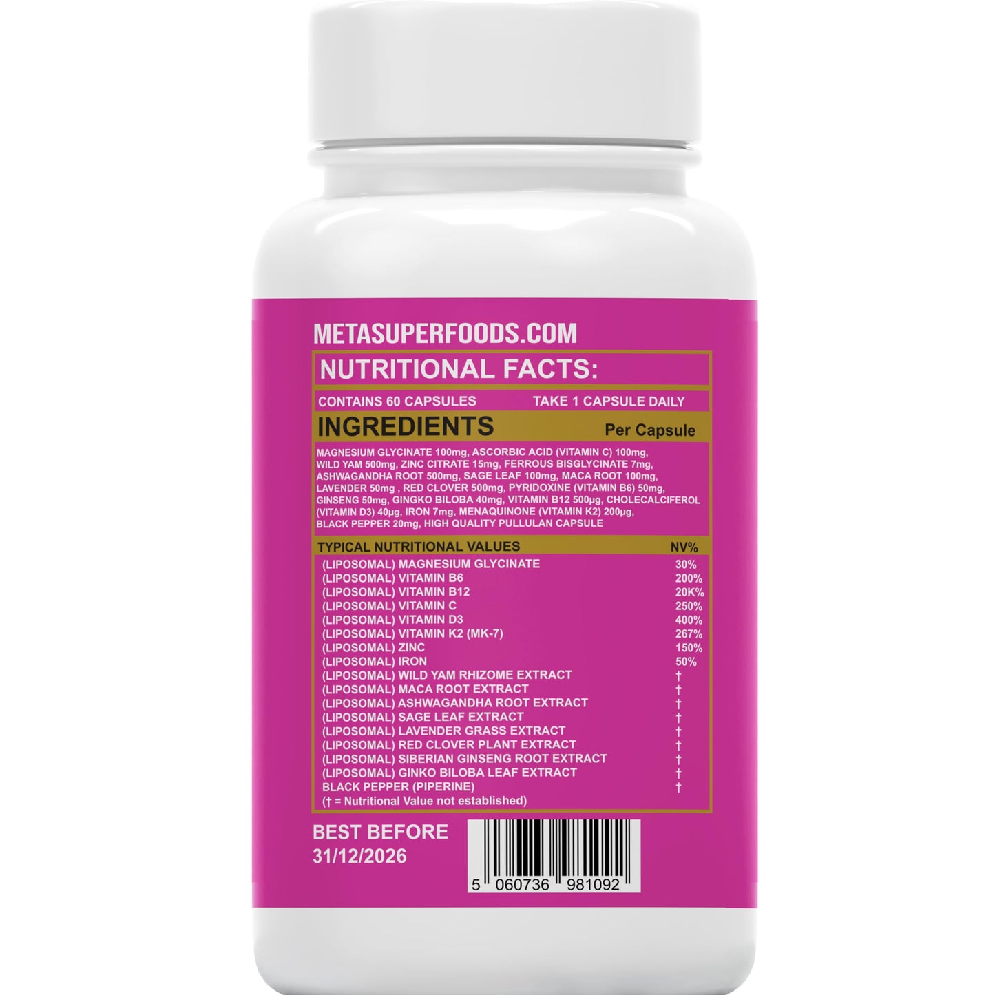 MetaSuperfoods Liposomal Perimenopause Womens 60 Multivitamin Capsules | Vegetarian | High Strength Women’s Vitamins | Menopause Supplement 1 A Day Non GMO