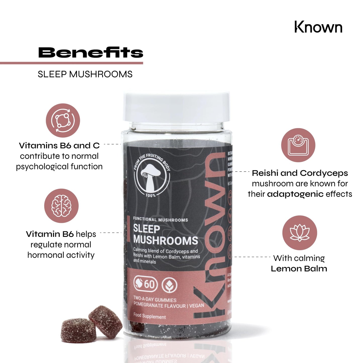 Sleep Support Mushrooms Gummies by Known Nutrition | Cordyceps & Reishi | Delicious Natural Pomegranate Flavour | 60 Two-a-Day Vegan Gummies (One Month’s Supply)