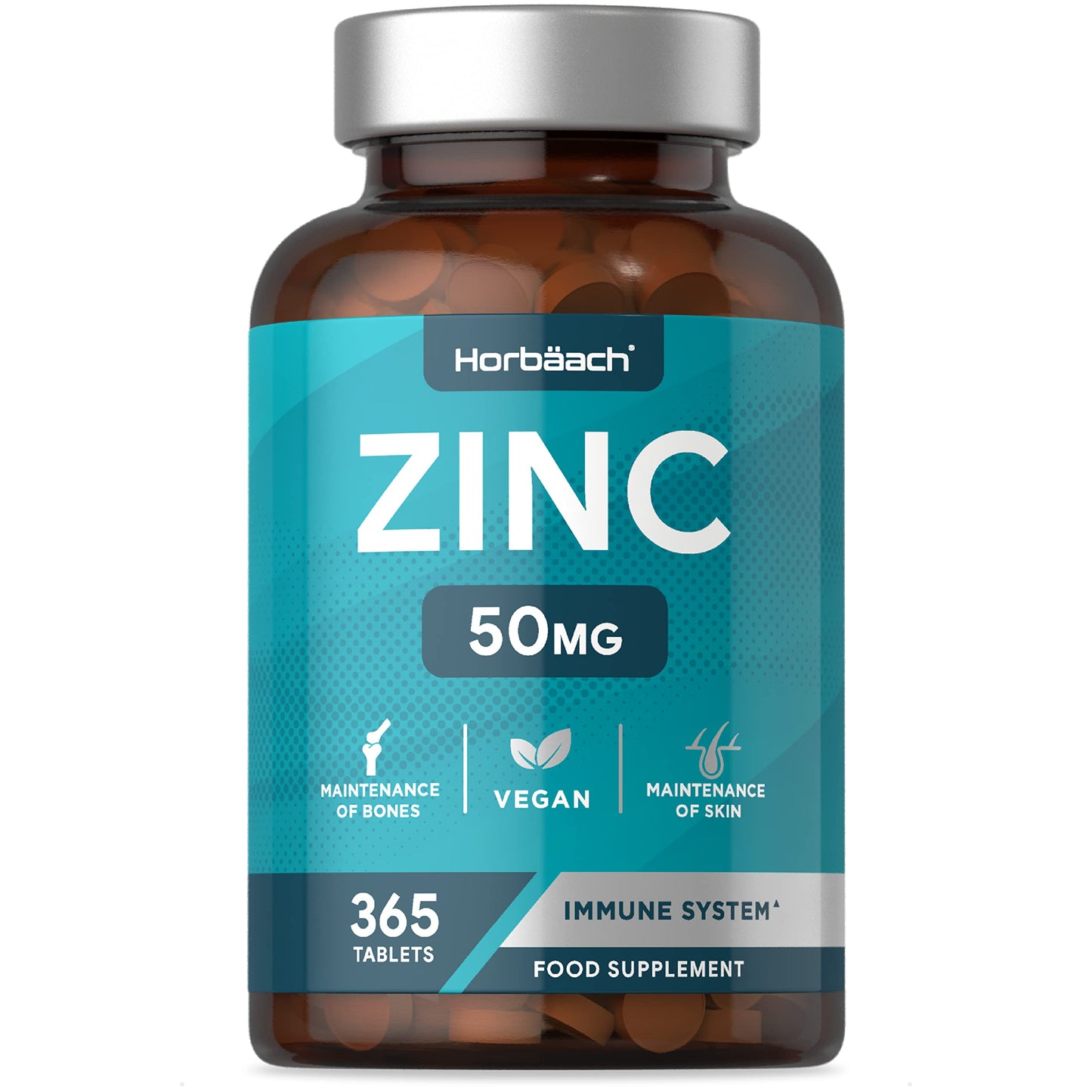Zinc Supplement 50mg | 365 Vegan Tablets | for Immunity, Skin, Hair, Nails, Bones & Vision | Zinc Gluconate | No Artificial Preservatives | by Horbaach