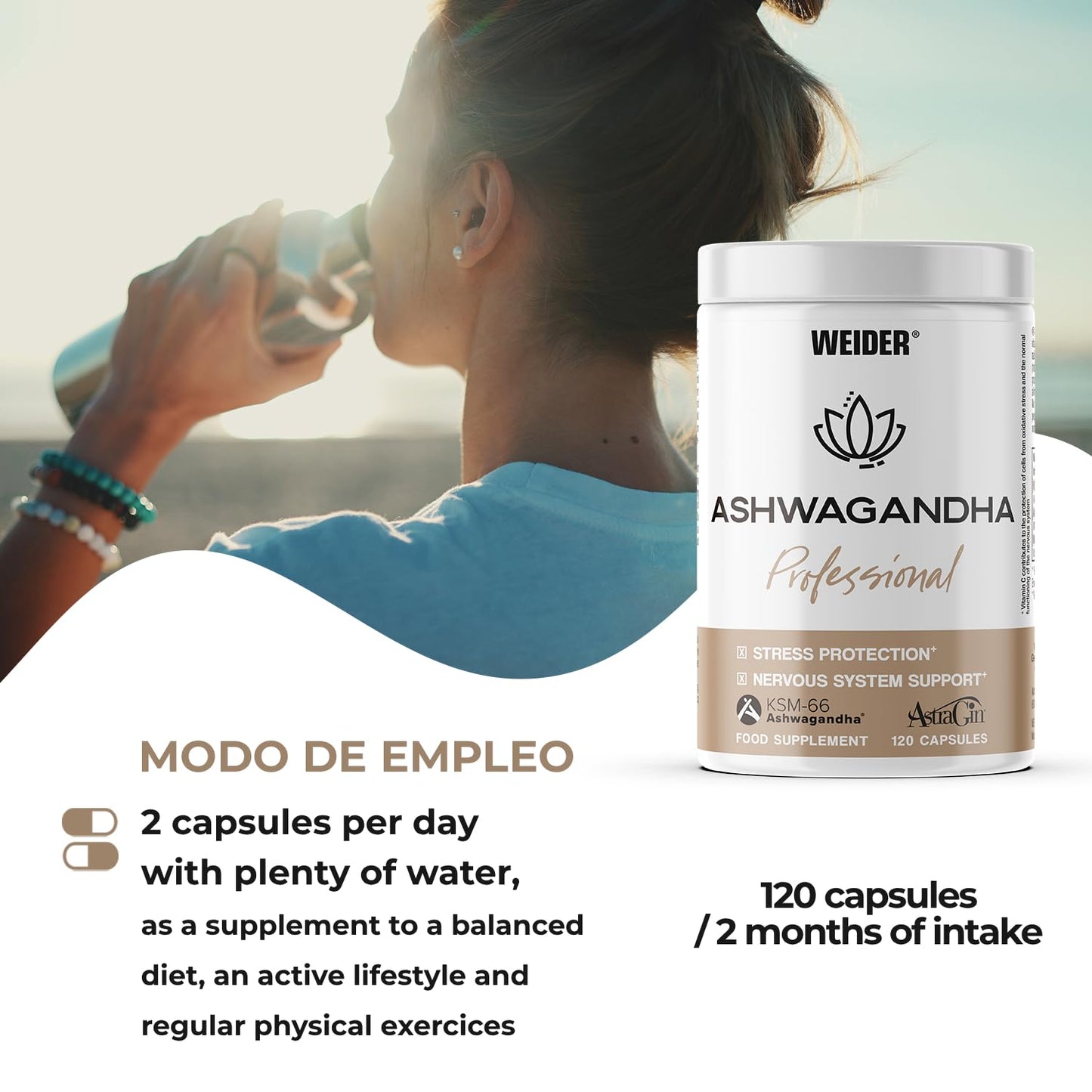 Weider Ashwagandha Professional (120 capsules). Ashwaghandha KSM-66 enriched with AstraGin to improve absorption, Magnesium, Vitamine C. For the normal functioning of the Nervous System. (60 servings)