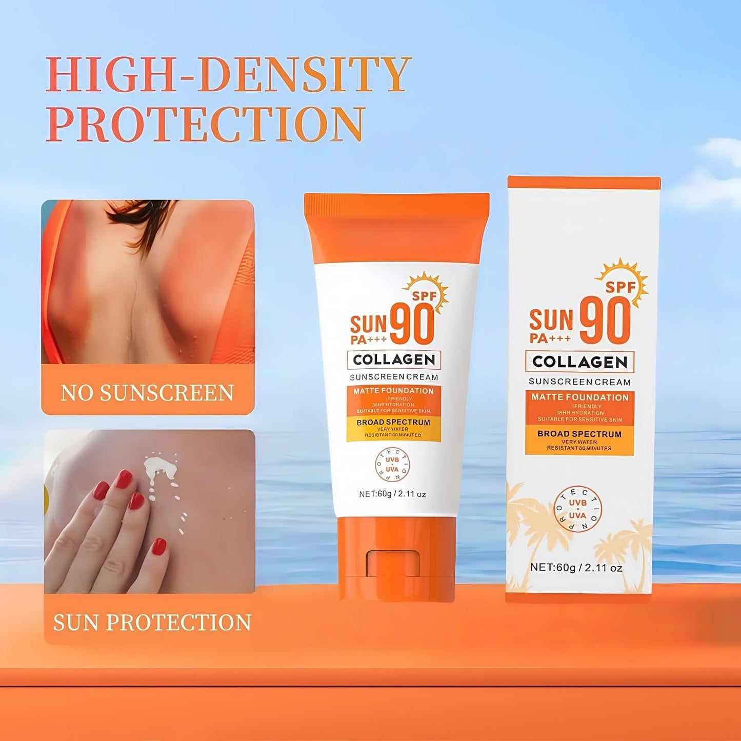 Fankayi Collagen Sunscreen SPF 90 PA+++,Ultra High Protection Sunblock Against UVA/UVB,Factor 90 Sun Cream Face Moisturiser,Ultra Light UV Protetion Face Sunscreen,Sunscreen Fa/ce,Factor 90 Sun Cream