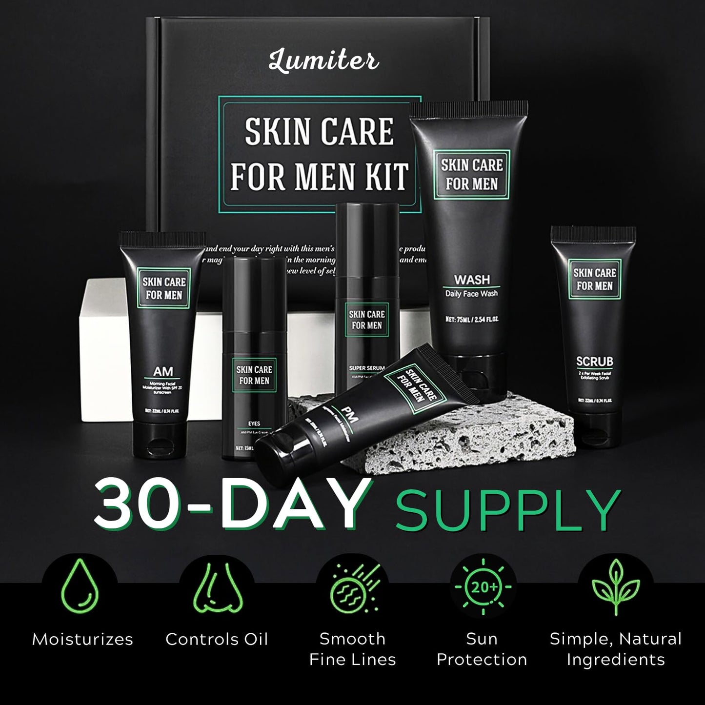 Lumiter Men's Anti-Aging Care Set, Mens Skin Care Sets & Kits, Mens Face Cream, Night Cream, Face Wash & Scrub, Eye Cream, Anti Wrinkle Serum, Gifts for Men, Men Day & Night