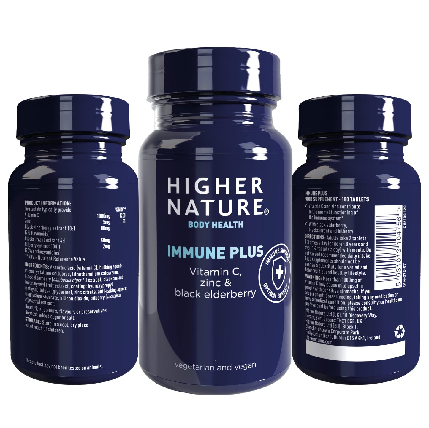 Higher Nature - Immune Plus - Vitamin C, Zinc & Black Elderberry - Supports Immune System - Vegetarian and Vegan Multivitamin - 180 Capsules