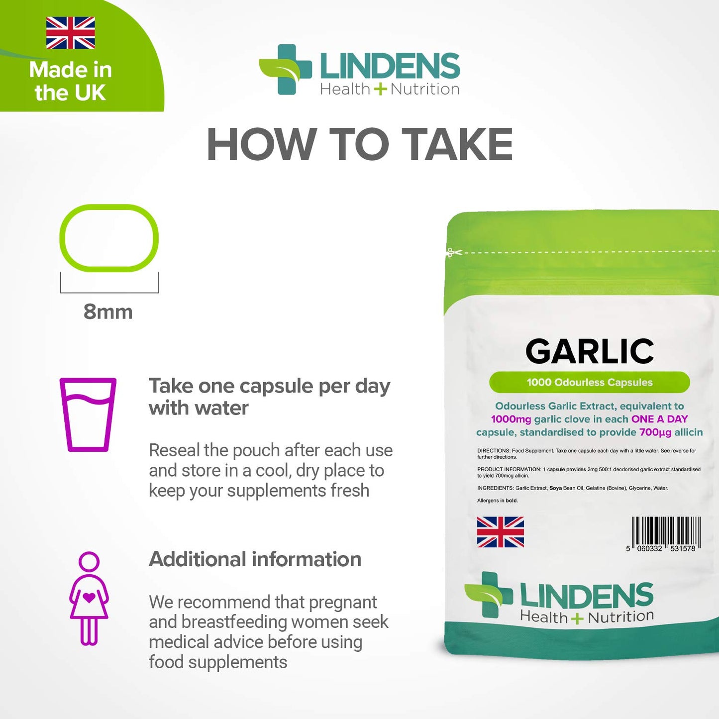Lindens Garlic Odourless Capsules - 1000mg (700mcg Allicin) - 1000 Capsules 1000 Days’ Supply - UK Manufacturer, Letterbox Friendly