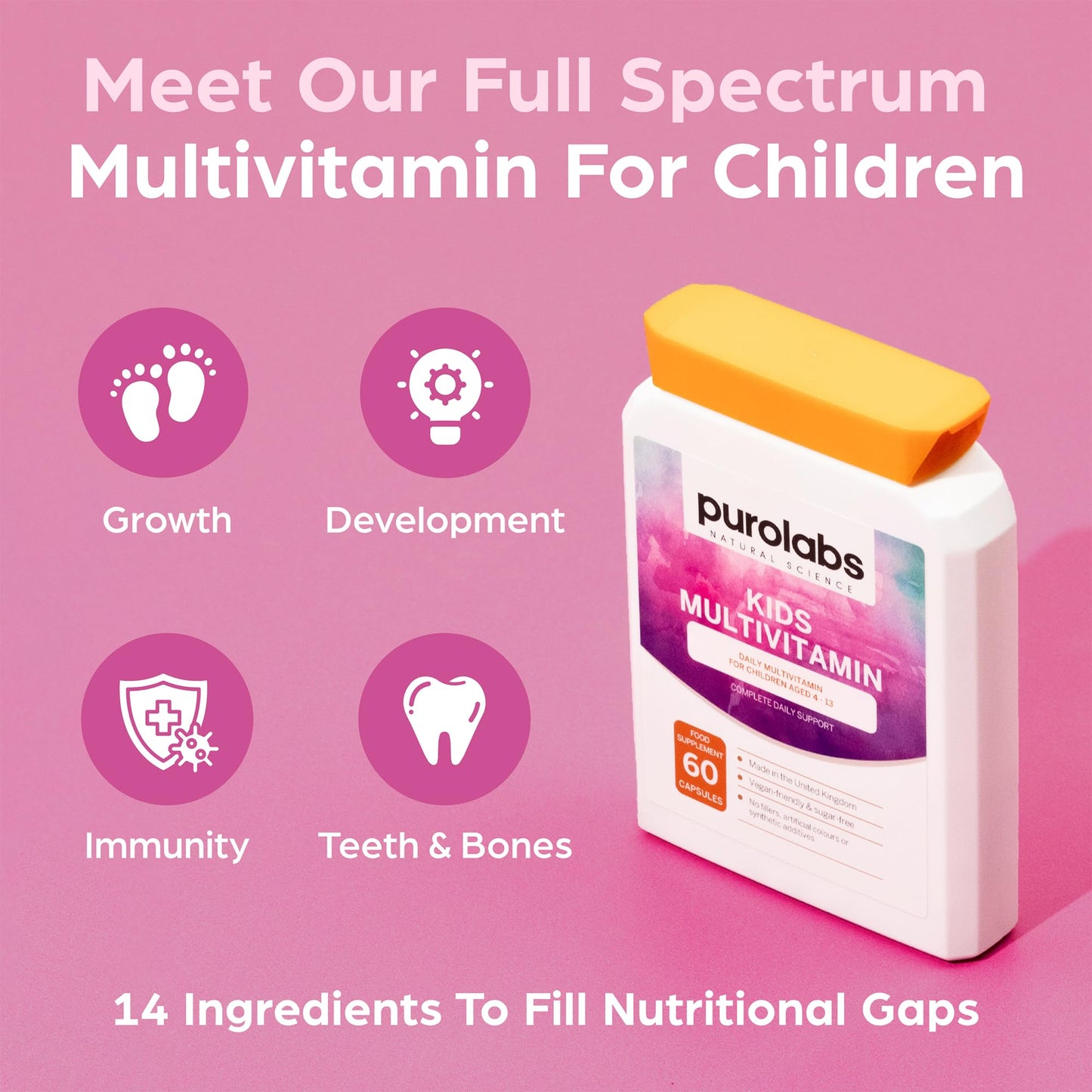 Kids Vitamins - Multivitamin for Kids with Calcium, Zinc, Iron, Vitamin C, B12, D3 and More - Packed with 14 Essential Nutrients Your Child Needs to Thrive - 60 Capsules - by Purolabs