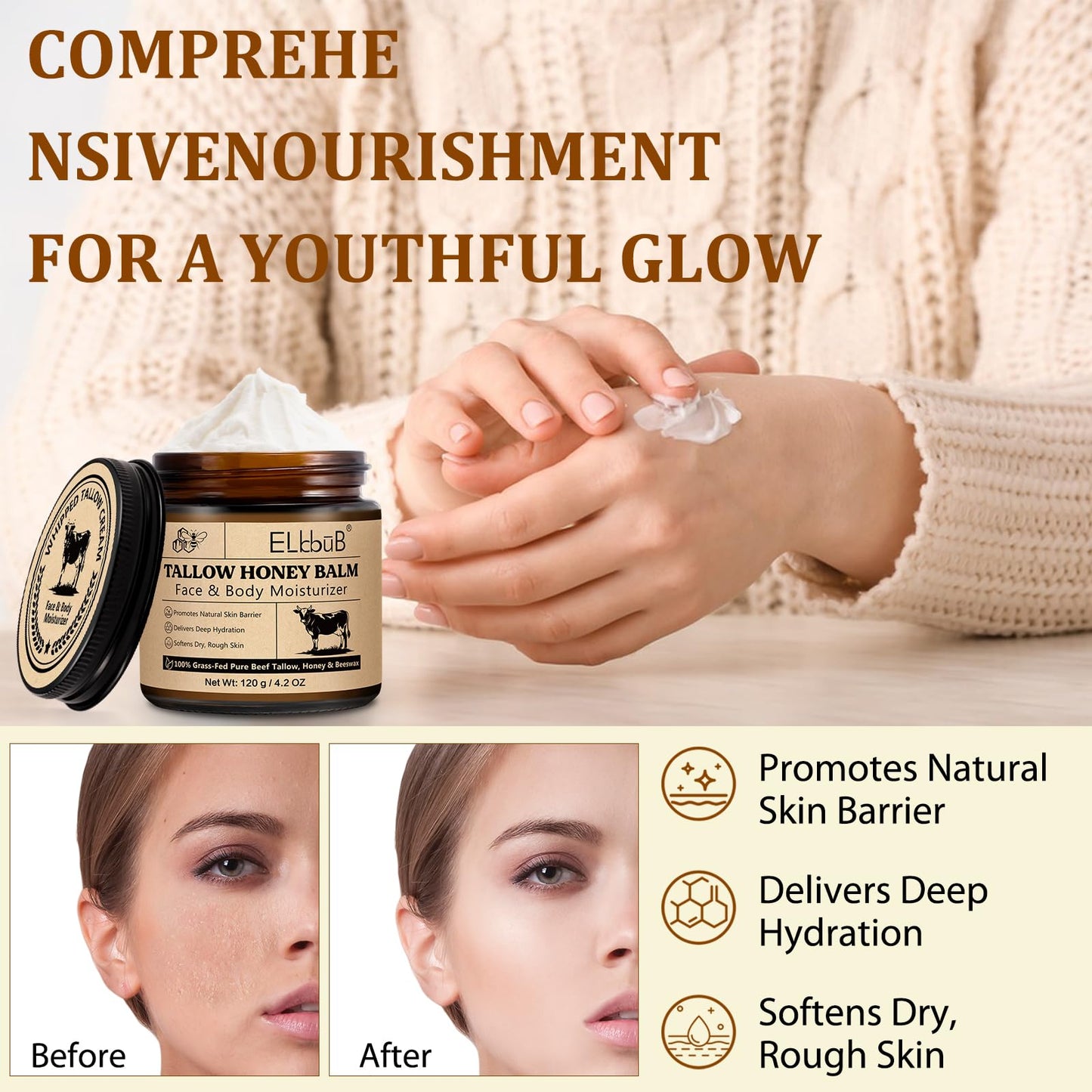 Whipped Tallow Cream for Face & Body - 100% Grass-Fed Beef Tallow, Natural Honey & Beeswax Moisturizer, Deep Hydration & Nourishment, Oil-Free & Unscented, Fast Absorbing