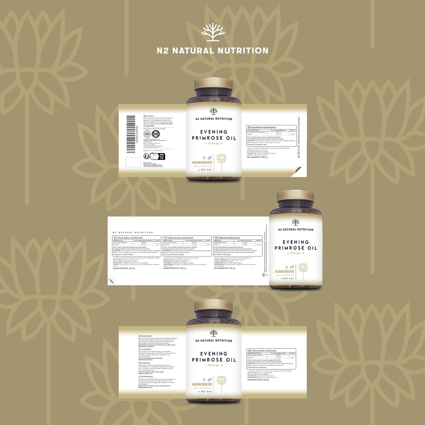 Evening Primrose Oil 2000 mg per dose, GLA Omega 6 200mg + Vitamin E. 200 High Strength Softgels, Easy Swallow, Cold Pressed. Menopause, Skin and Nails Care. Made in EU. N2 Natural Nutrition.